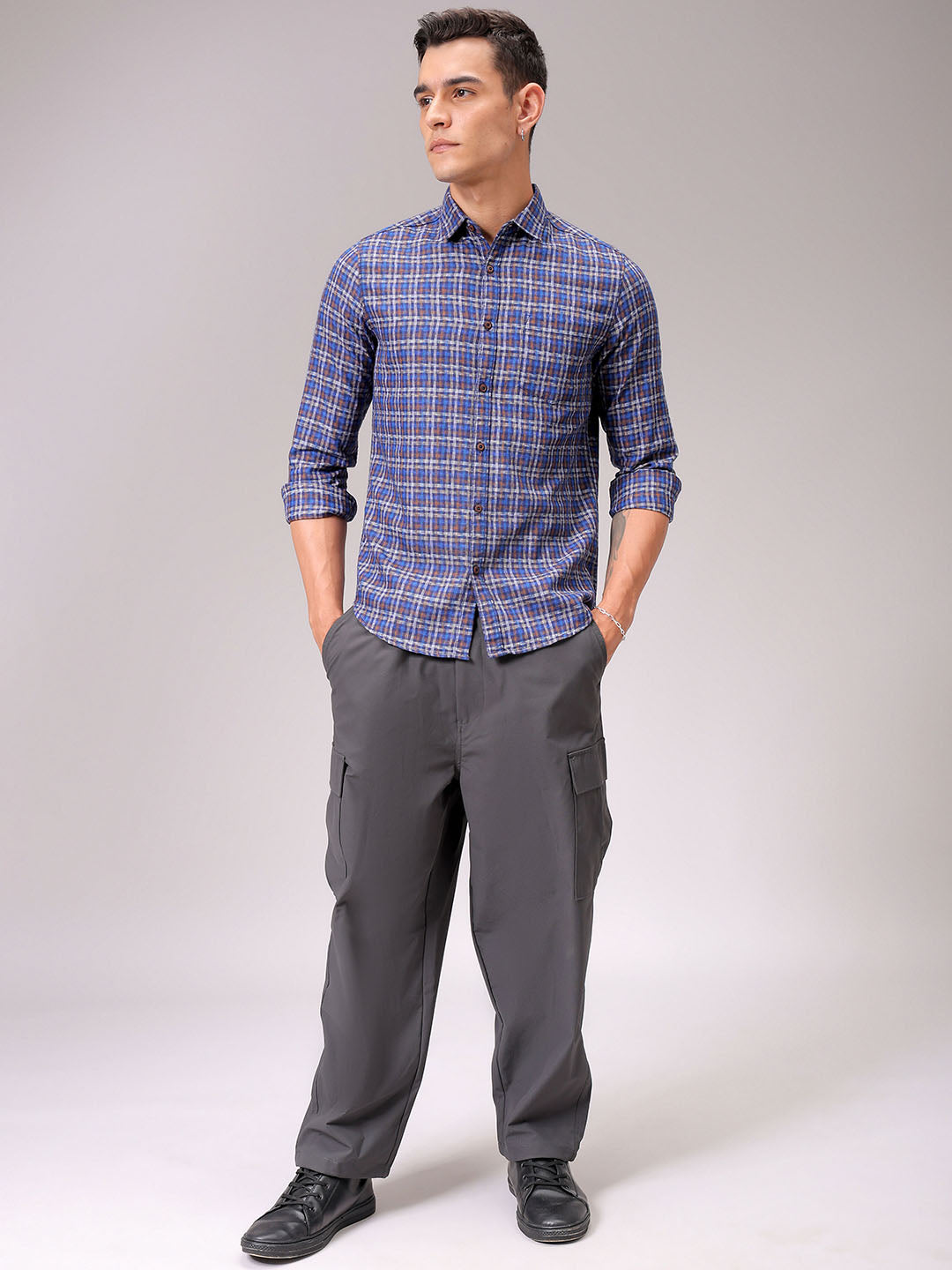 Men's Blue Slim Fit Checked Casual Shirt