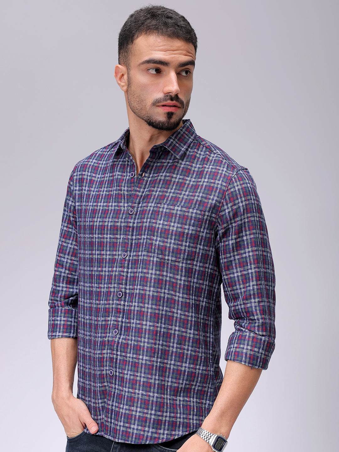 Men's Red Slim Fit Checked Casual Shirt