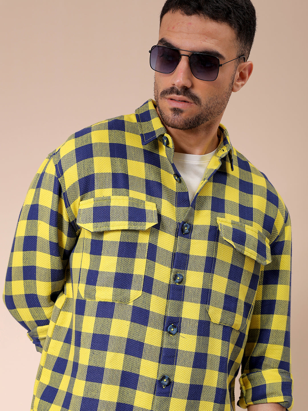 Men's Yellow Relaxed Fit Checked Resortwear Textured Shirt