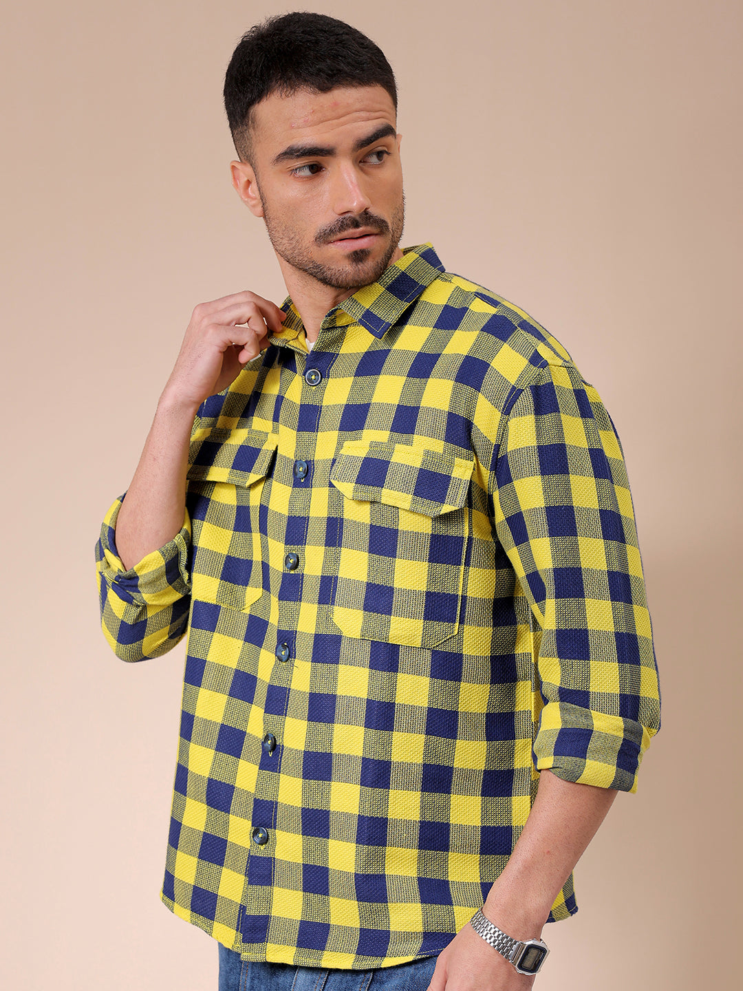 Men's Yellow Relaxed Fit Checked Resortwear Textured Shirt