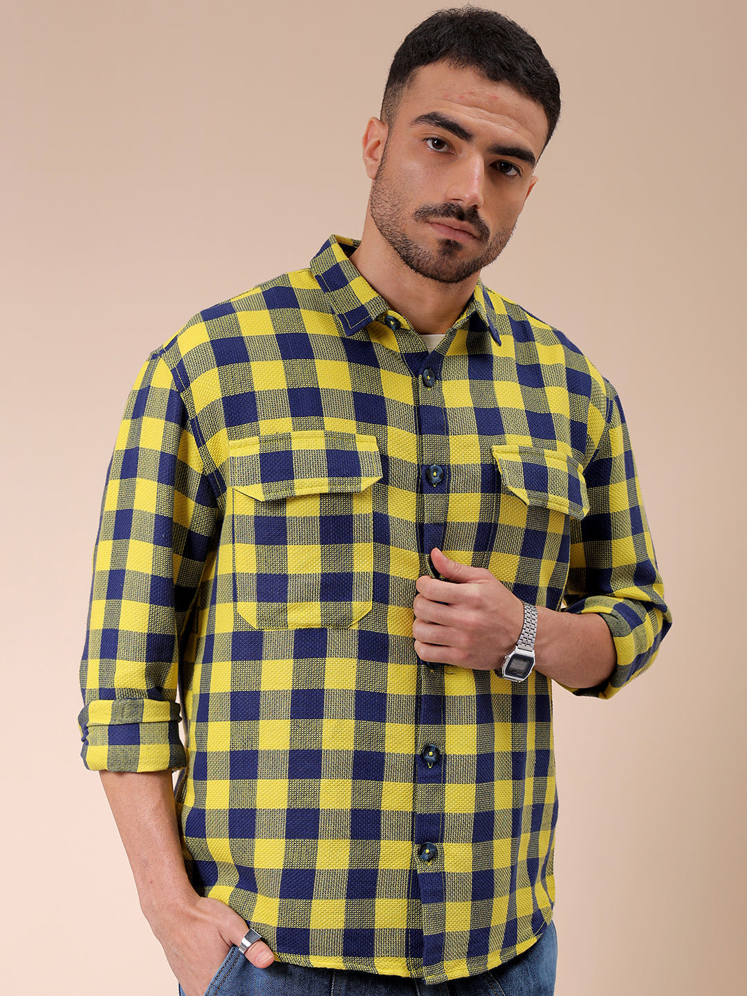 Men's Yellow Relaxed Fit Checked Resortwear Textured Shirt