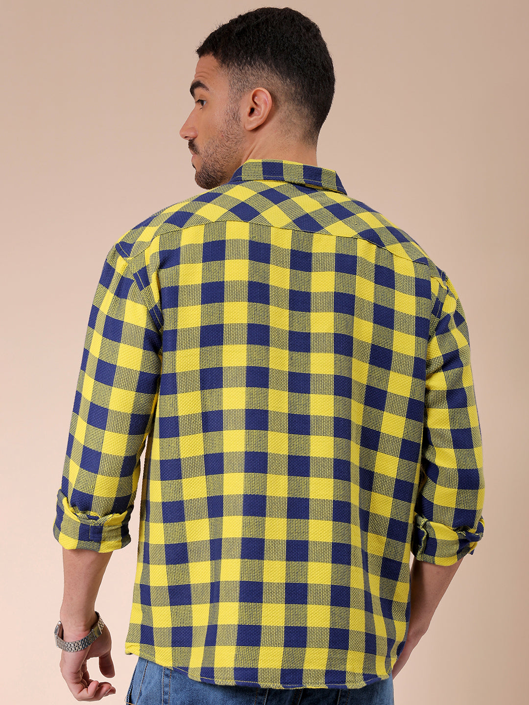 Men's Yellow Relaxed Fit Checked Resortwear Textured Shirt