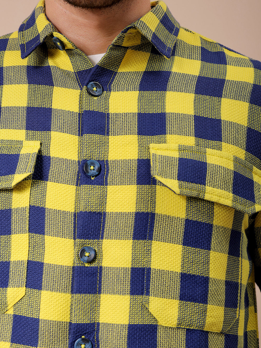 Men's Yellow Relaxed Fit Checked Resortwear Textured Shirt