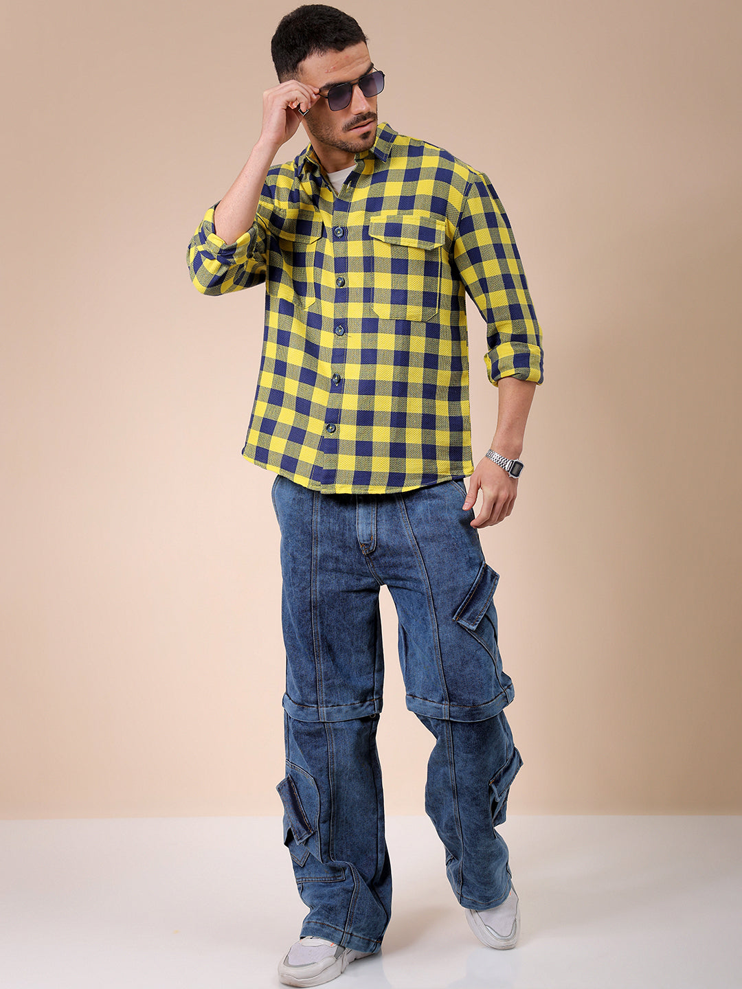 Men's Yellow Relaxed Fit Checked Resortwear Textured Shirt