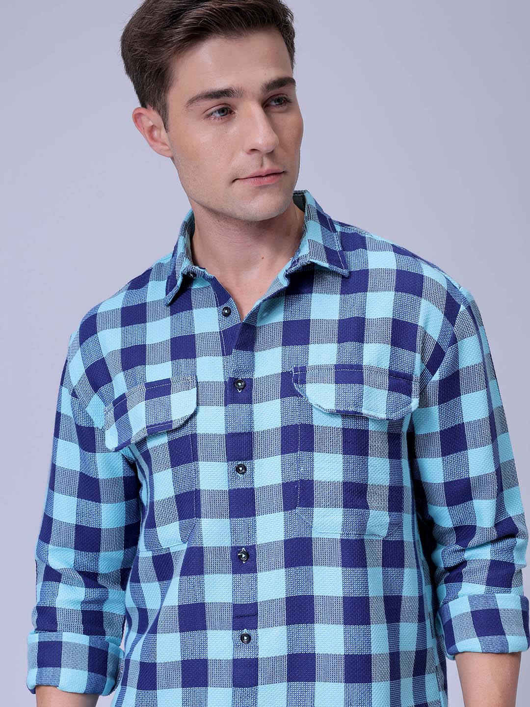 Men's Blue Relaxed Fit Checked Two Flap Pocket Resortwear Shirt