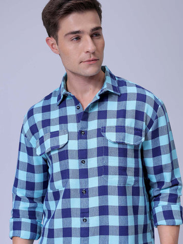 Men's Blue Relaxed Fit Checked Two Flap Pocket Resortwear Shirt