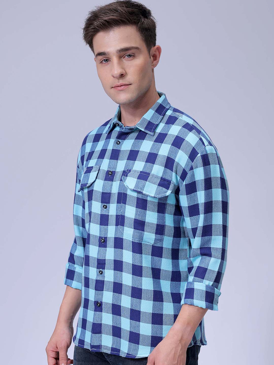 Men's Blue Relaxed Fit Checked Two Flap Pocket Resortwear Shirt