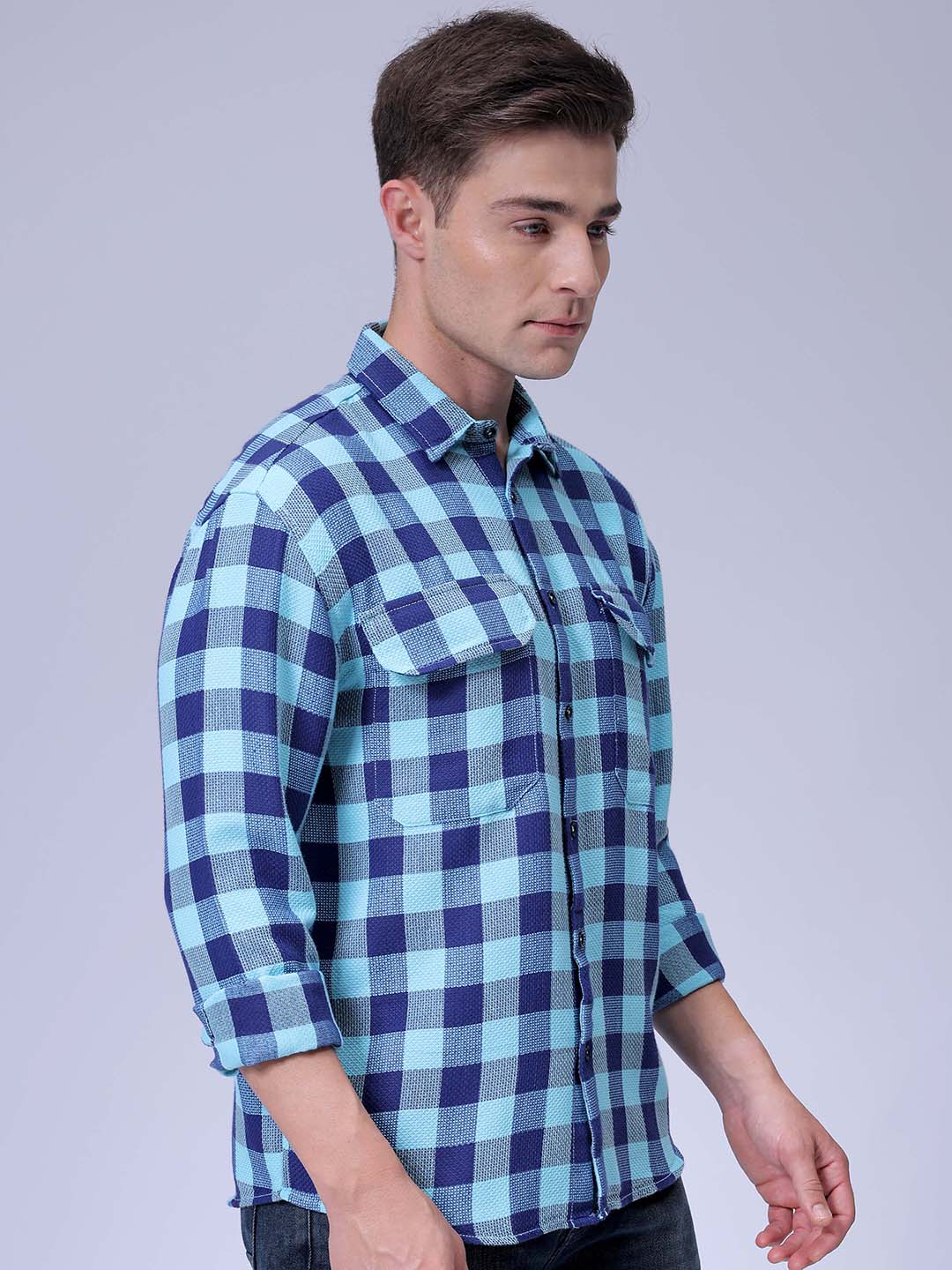 Men's Blue Relaxed Fit Checked Two Flap Pocket Resortwear Shirt