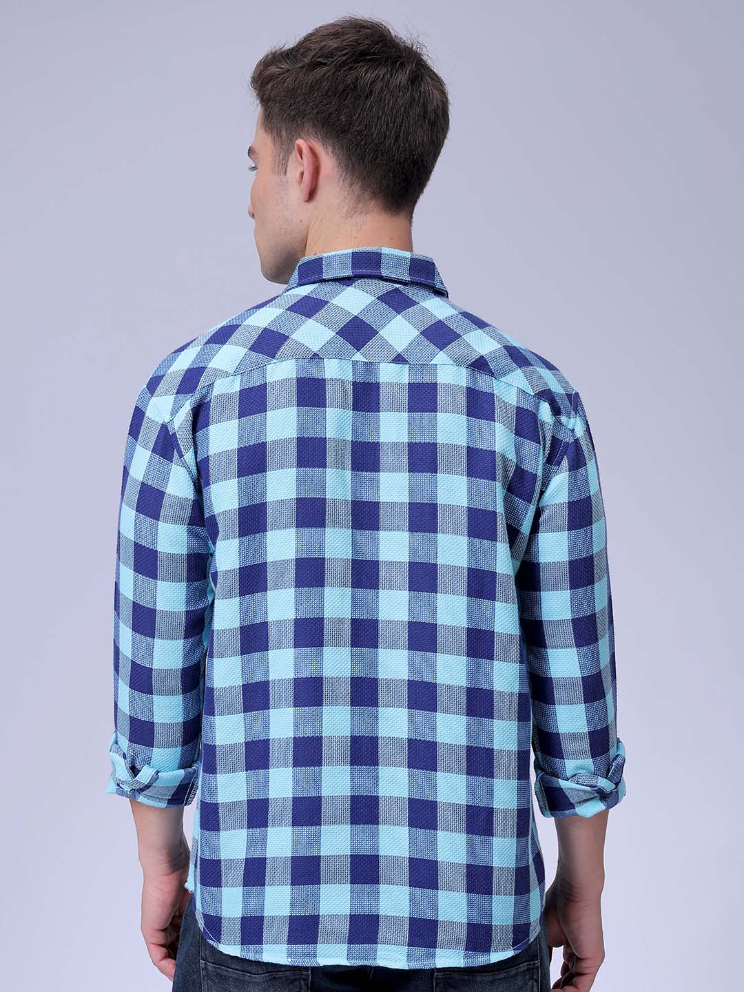 Men's Blue Relaxed Fit Checked Two Flap Pocket Resortwear Shirt