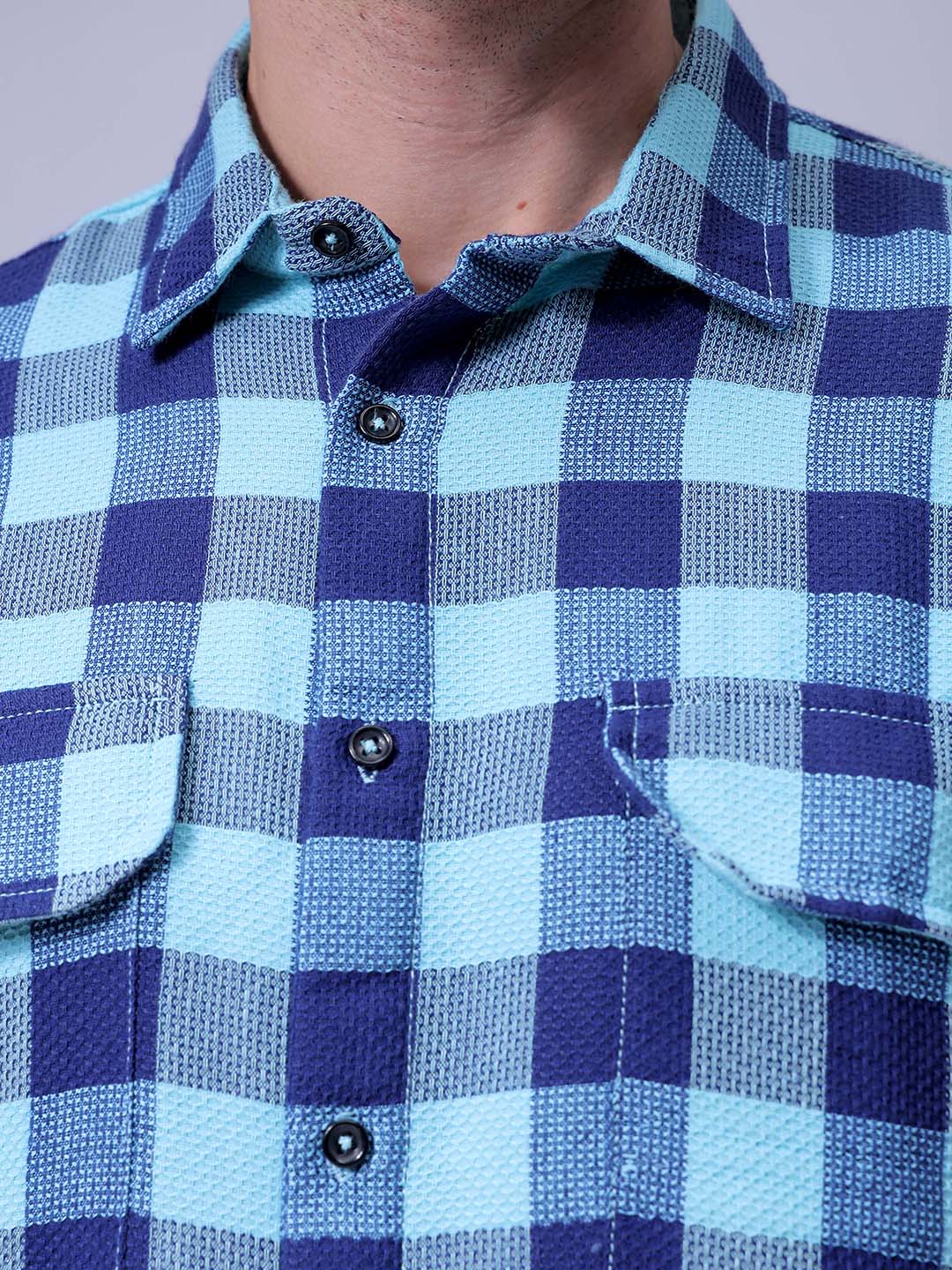 Men's Blue Relaxed Fit Checked Two Flap Pocket Resortwear Shirt