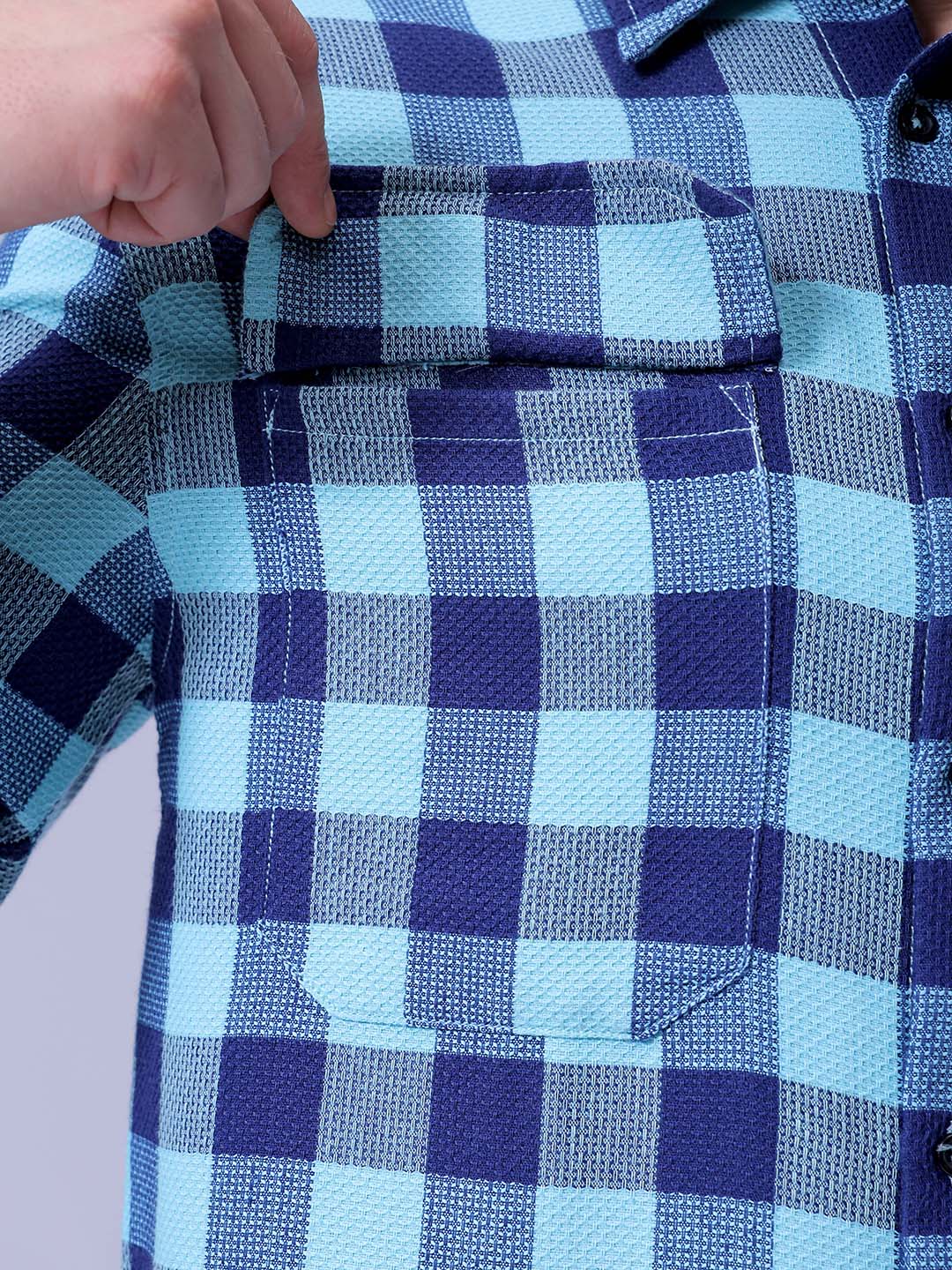 Men's Blue Relaxed Fit Checked Two Flap Pocket Resortwear Shirt