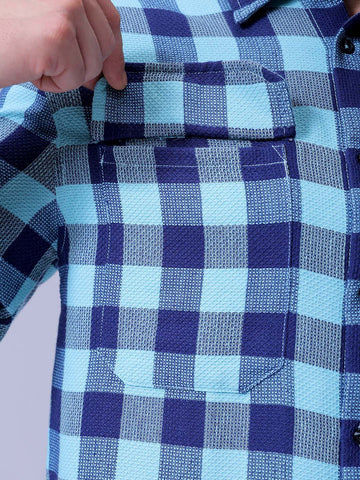 Men's Blue Relaxed Fit Checked Two Flap Pocket Resortwear Shirt