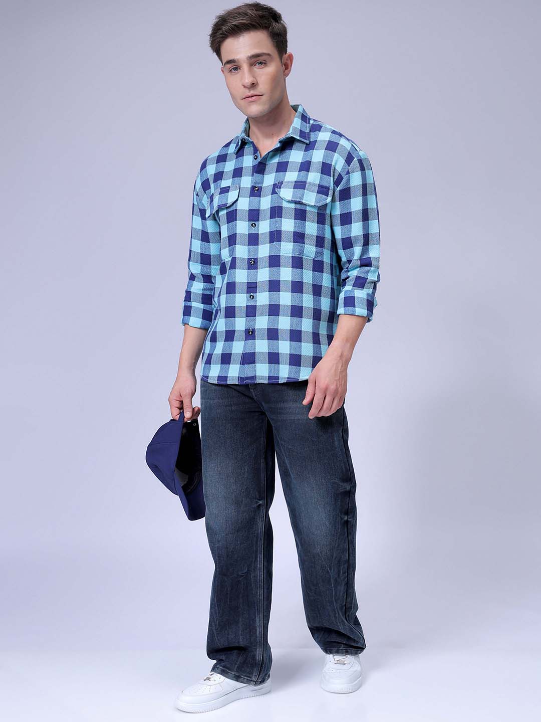 Men's Blue Relaxed Fit Checked Two Flap Pocket Resortwear Shirt