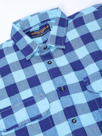 Men's Blue Relaxed Fit Checked Two Flap Pocket Resortwear Shirt