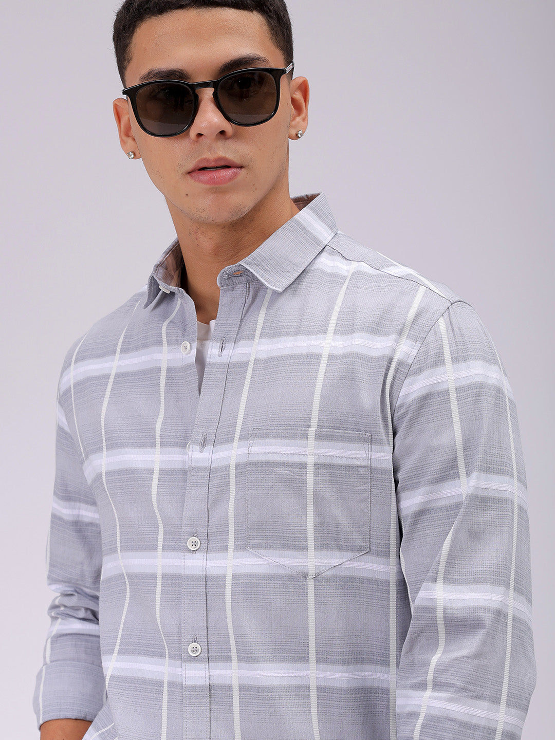 Men's Grey Slim Fit Textured Casual Shirt