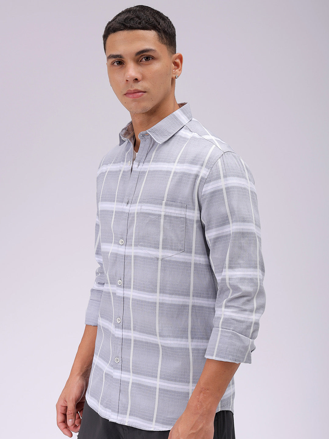 Men's Grey Slim Fit Textured Casual Shirt