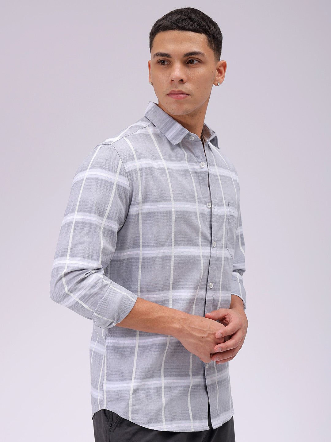 Men's Grey Slim Fit Textured Casual Shirt