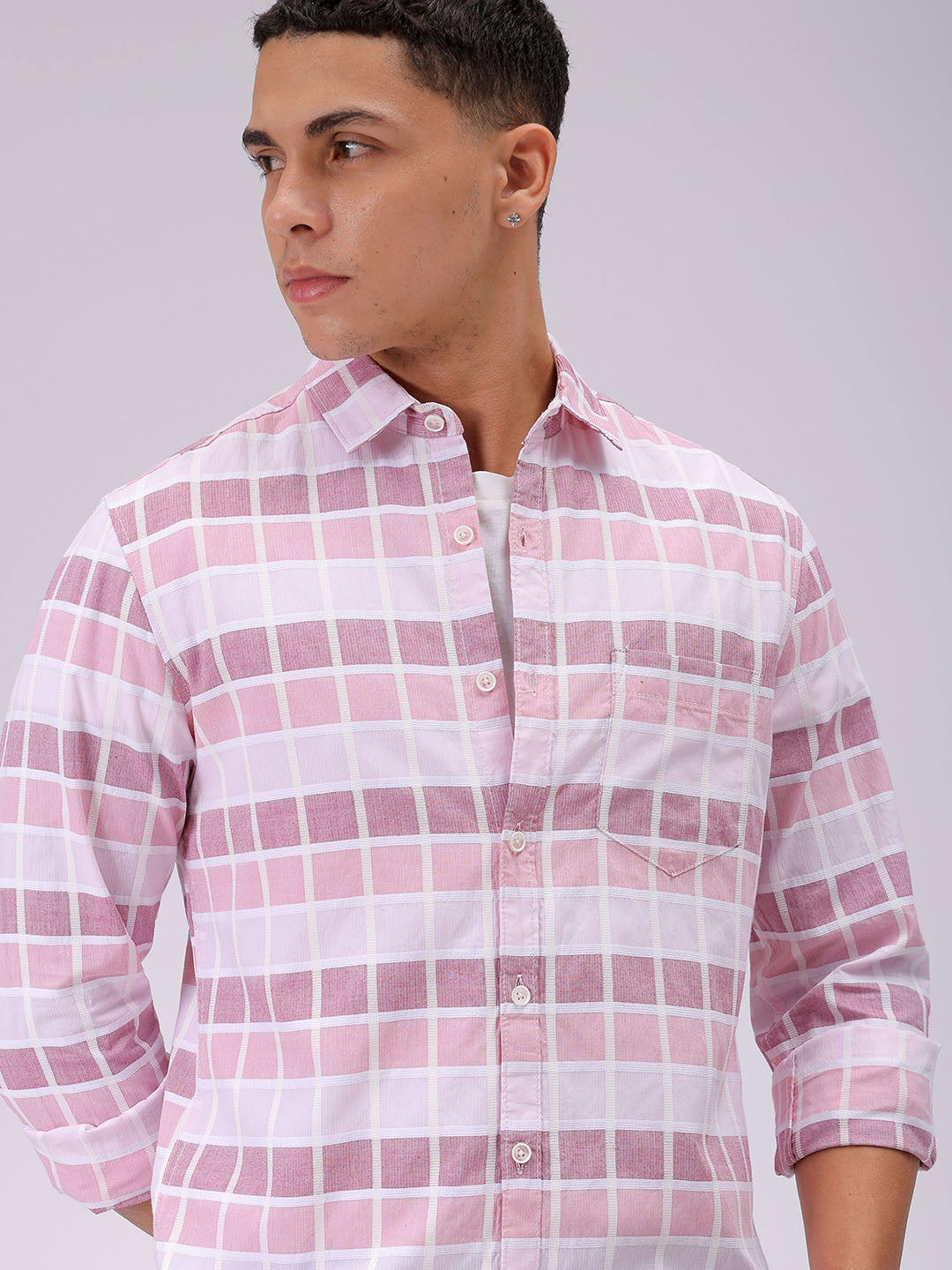 Men's Pink Slim Fit Checked Casual Shirt