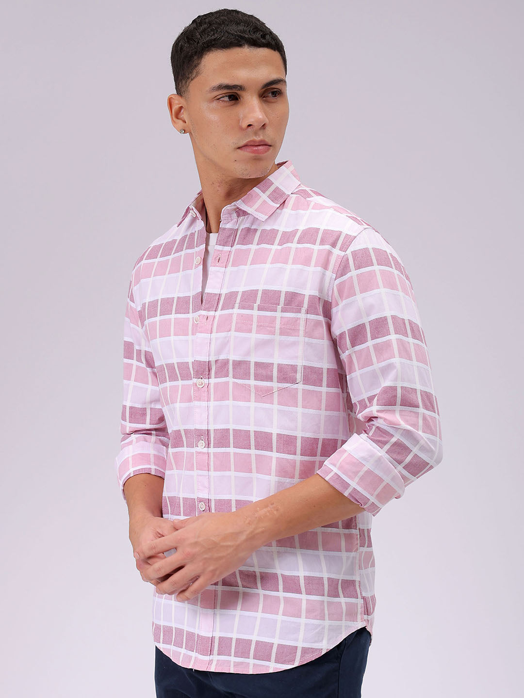 Men's Pink Slim Fit Checked Casual Shirt