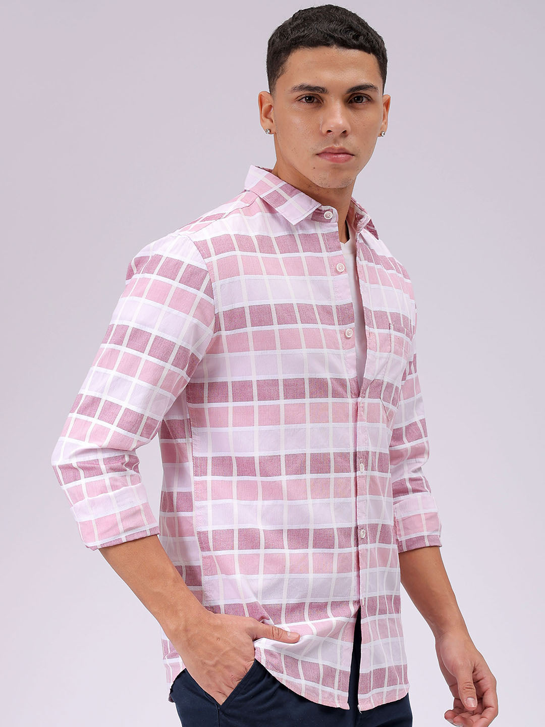 Men's Pink Slim Fit Checked Casual Shirt