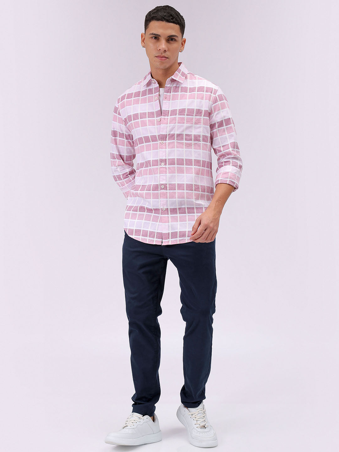 Men's Pink Slim Fit Checked Casual Shirt