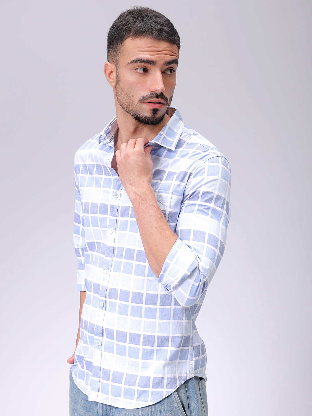 Men's Blue Slim Fit Checked Casual Shirt