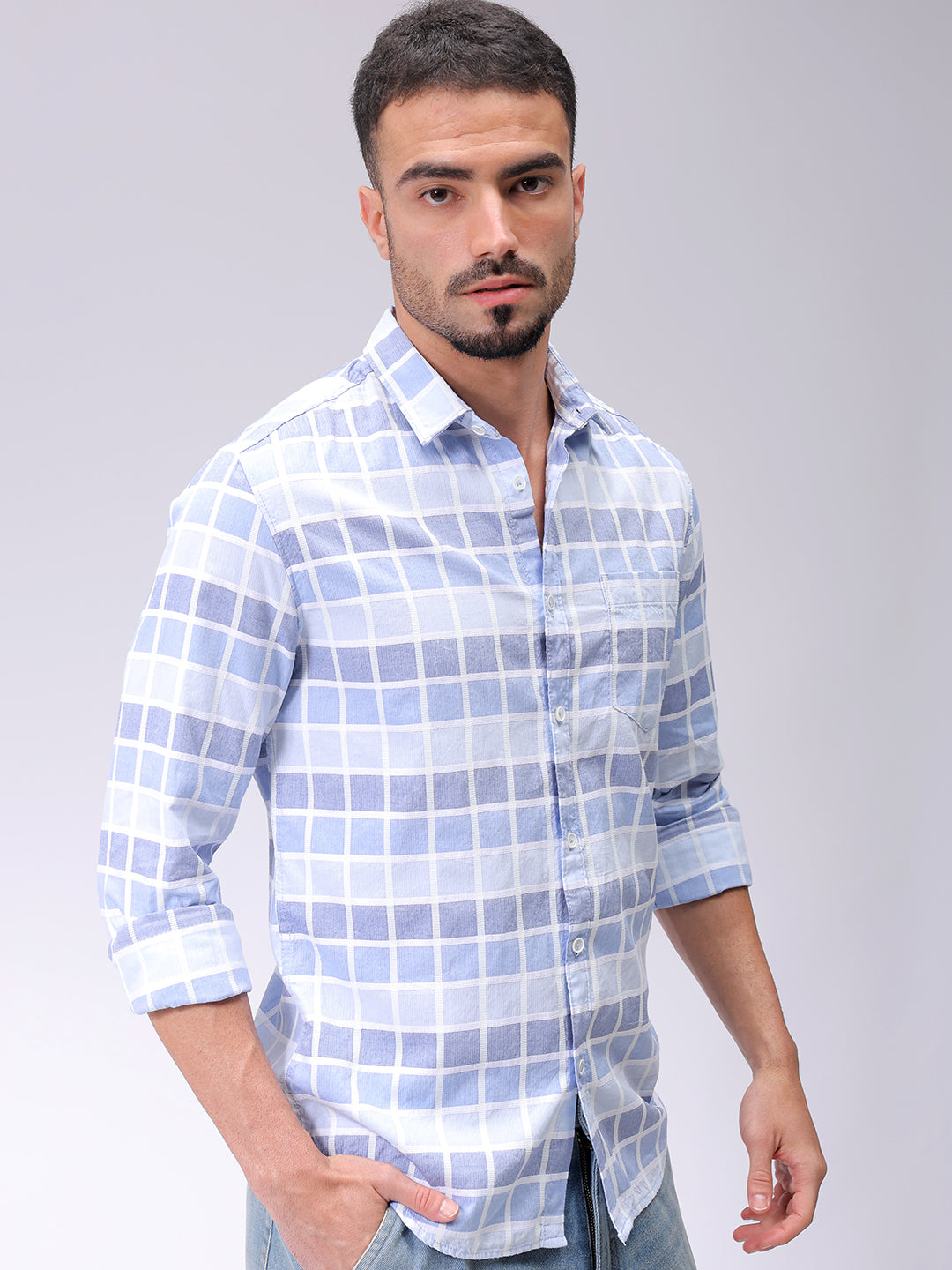 Men's Blue Slim Fit Checked Casual Shirt