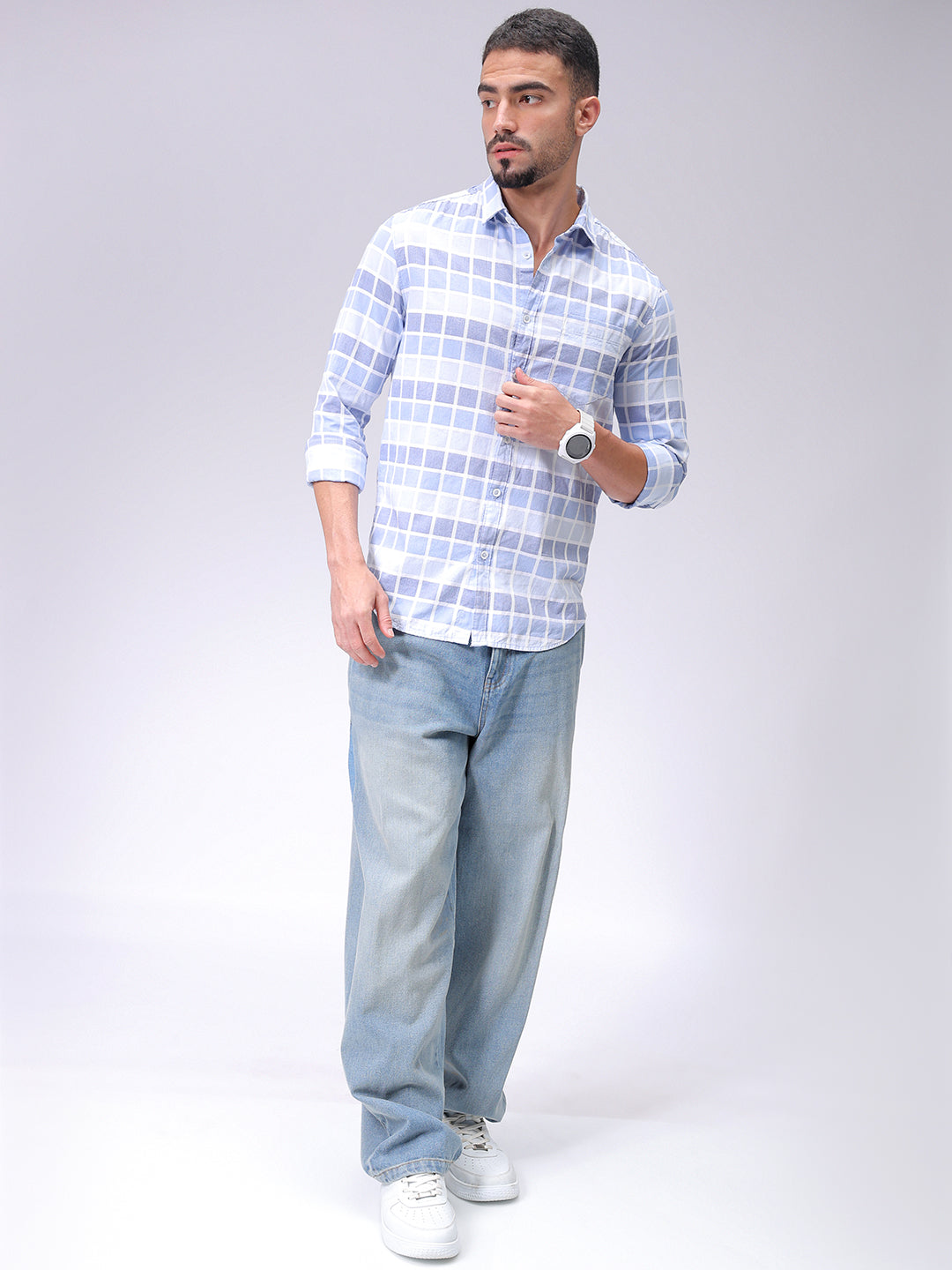 Men's Blue Slim Fit Checked Casual Shirt