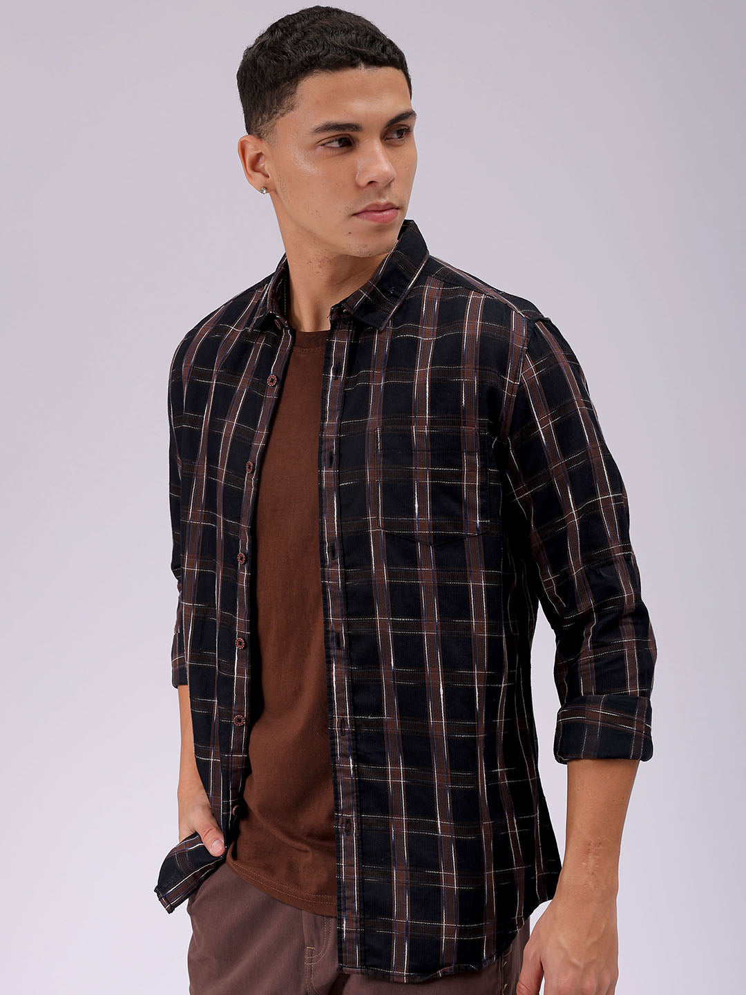 Men's Beige Slim Fit Checked Casual Shirt