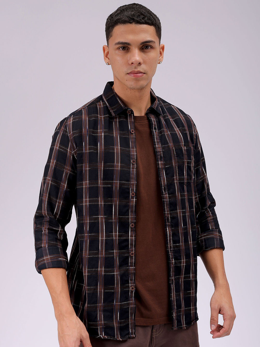 Men's Beige Slim Fit Checked Casual Shirt