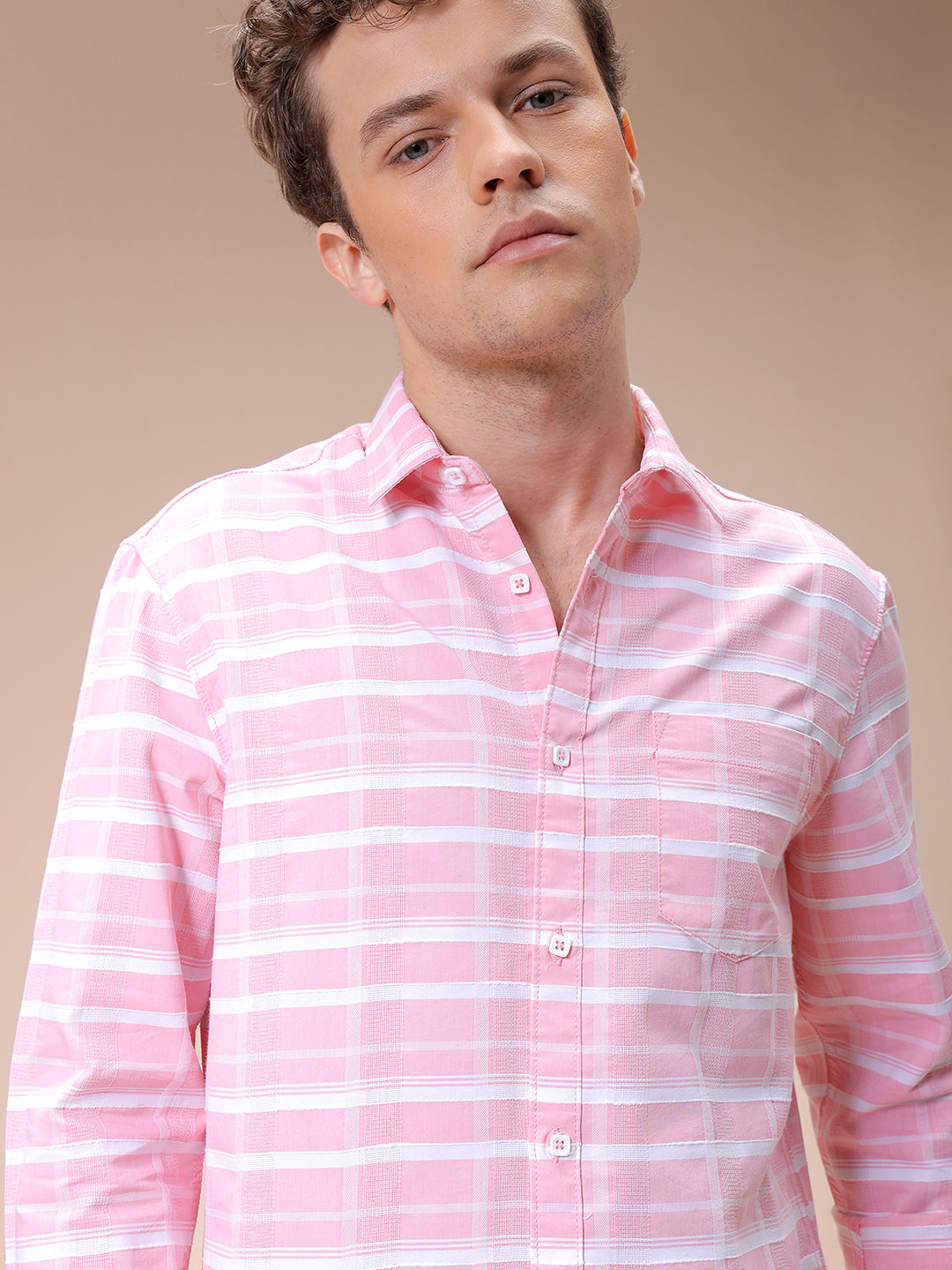 Men's Pink Slim Fit Checked Casual Shirt