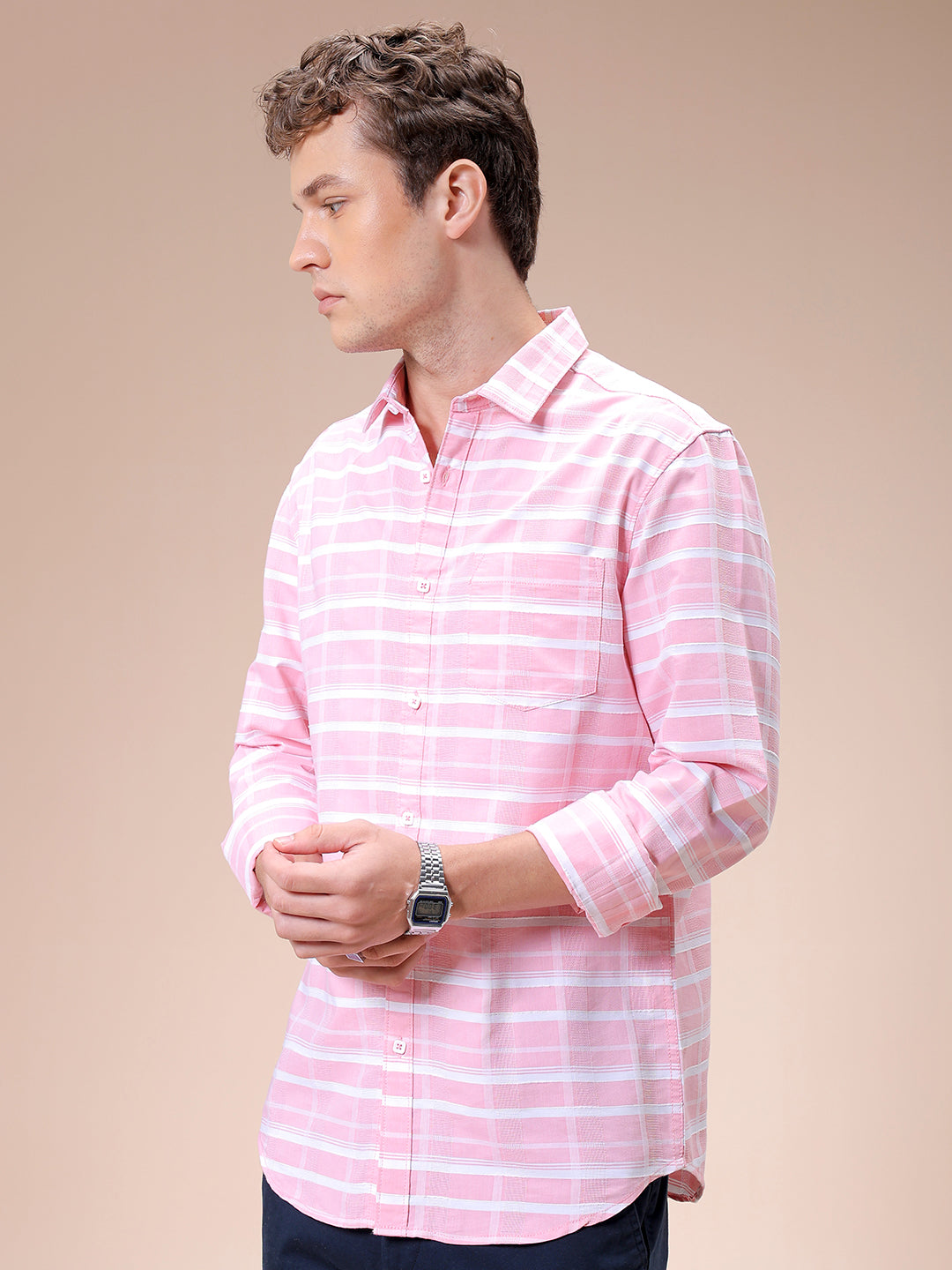 Men's Pink Slim Fit Checked Casual Shirt