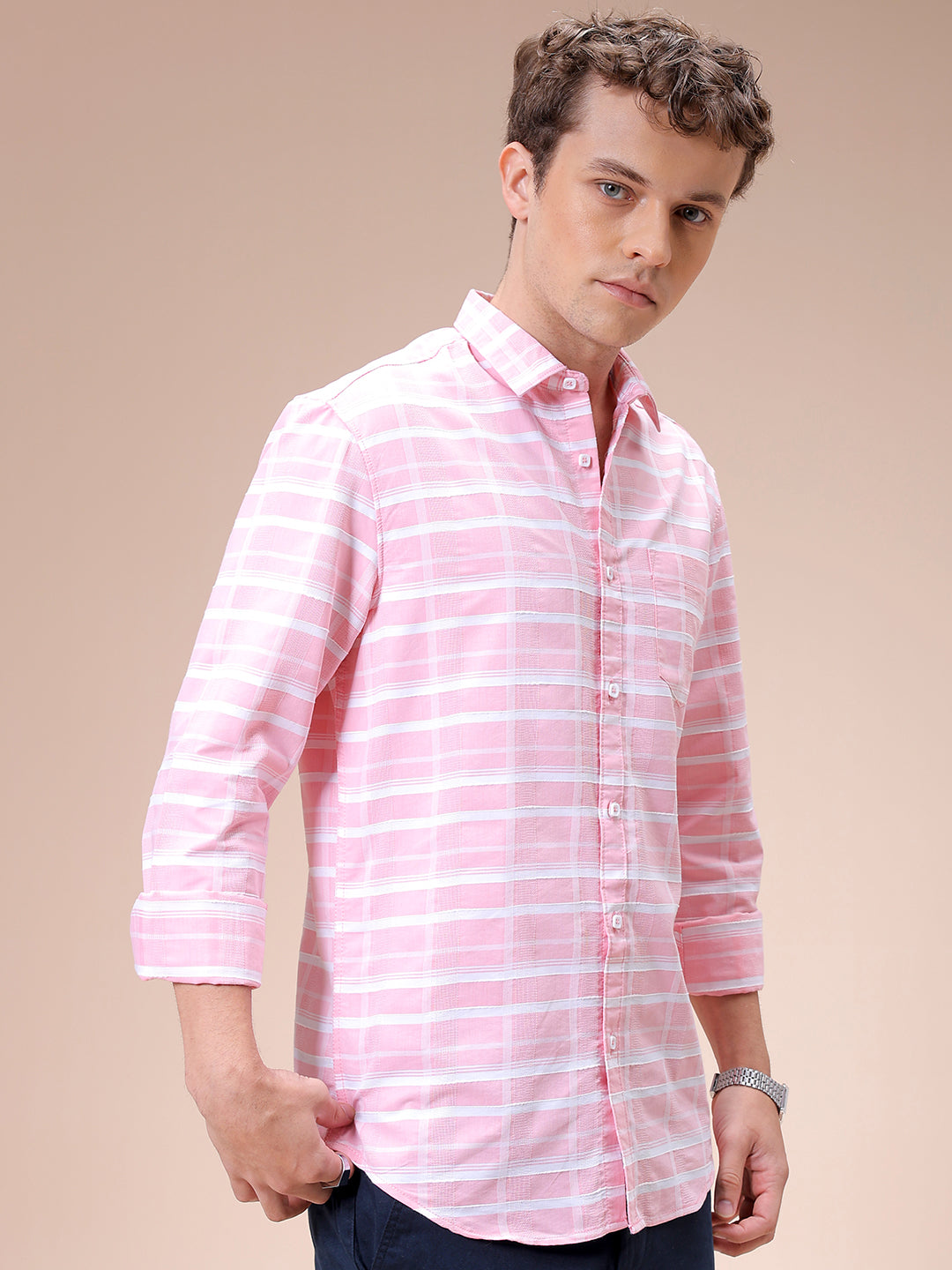 Men's Pink Slim Fit Checked Casual Shirt