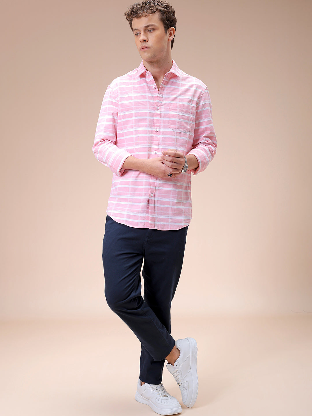 Men's Pink Slim Fit Checked Casual Shirt