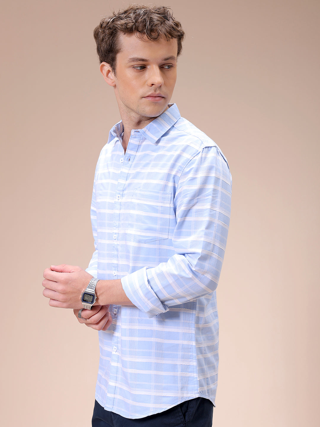 Men's Blue Slim Fit Checked Casual Shirt