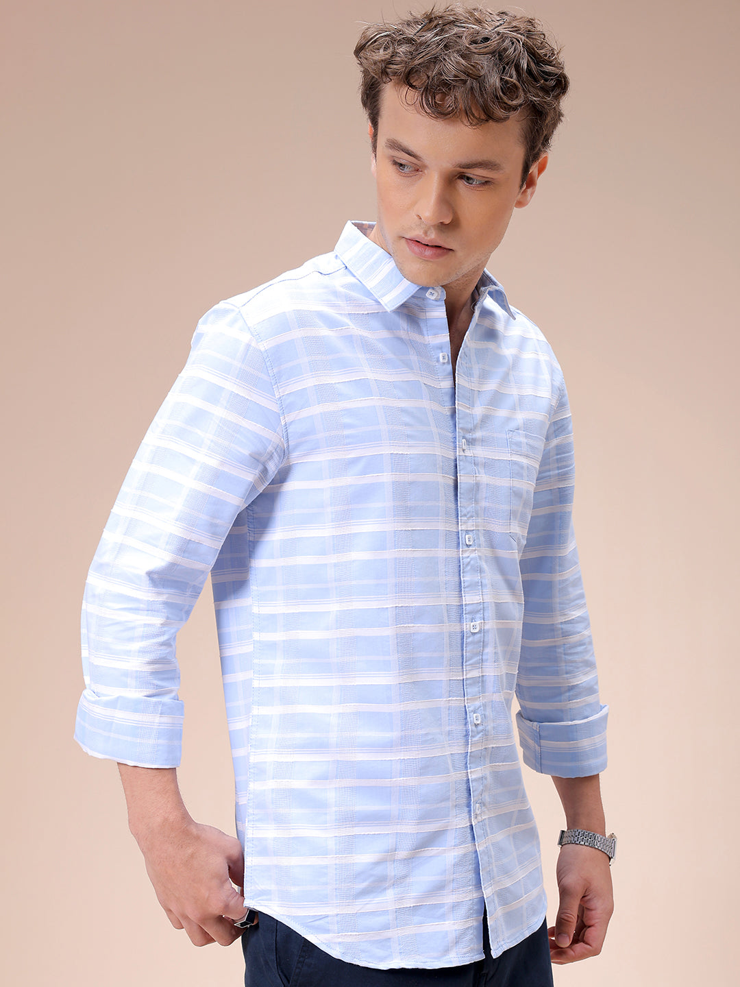 Men's Blue Slim Fit Checked Casual Shirt