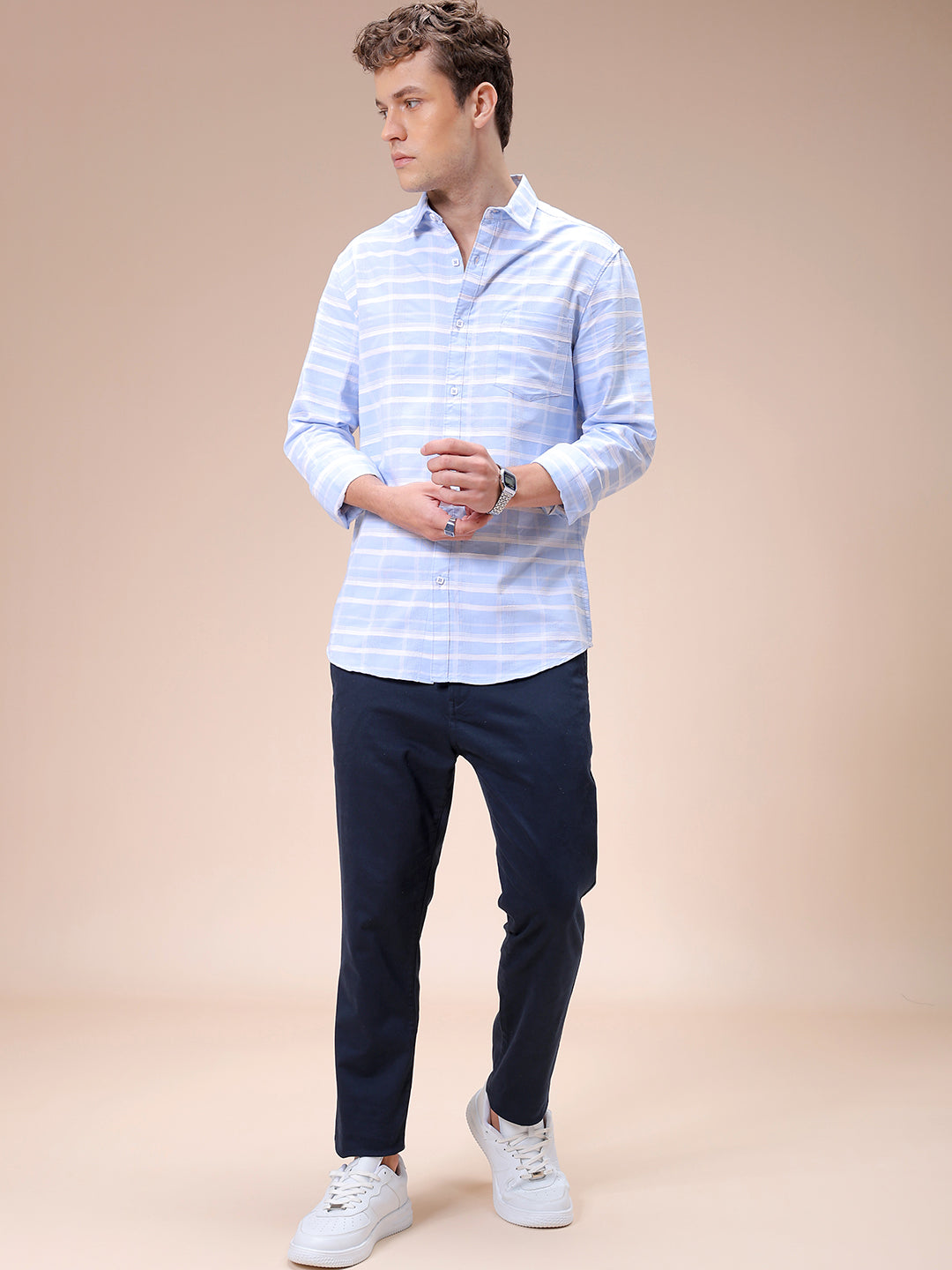 Men's Blue Slim Fit Checked Casual Shirt