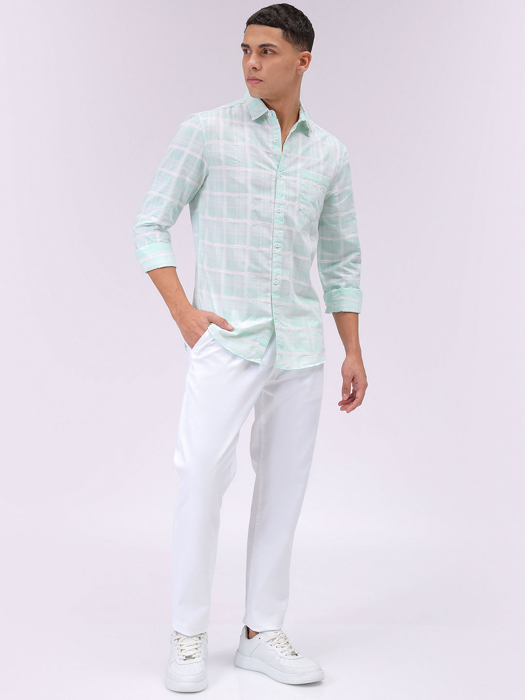 Men's Green Slim Fit Checked Casual Shirt