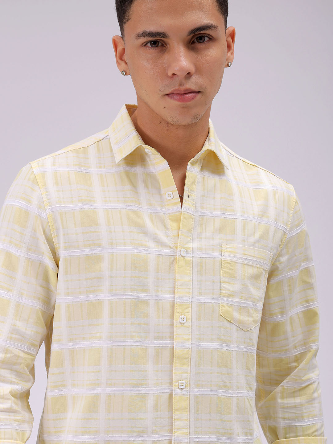 Men's Yellow Slim Fit Checked Casual Shirt