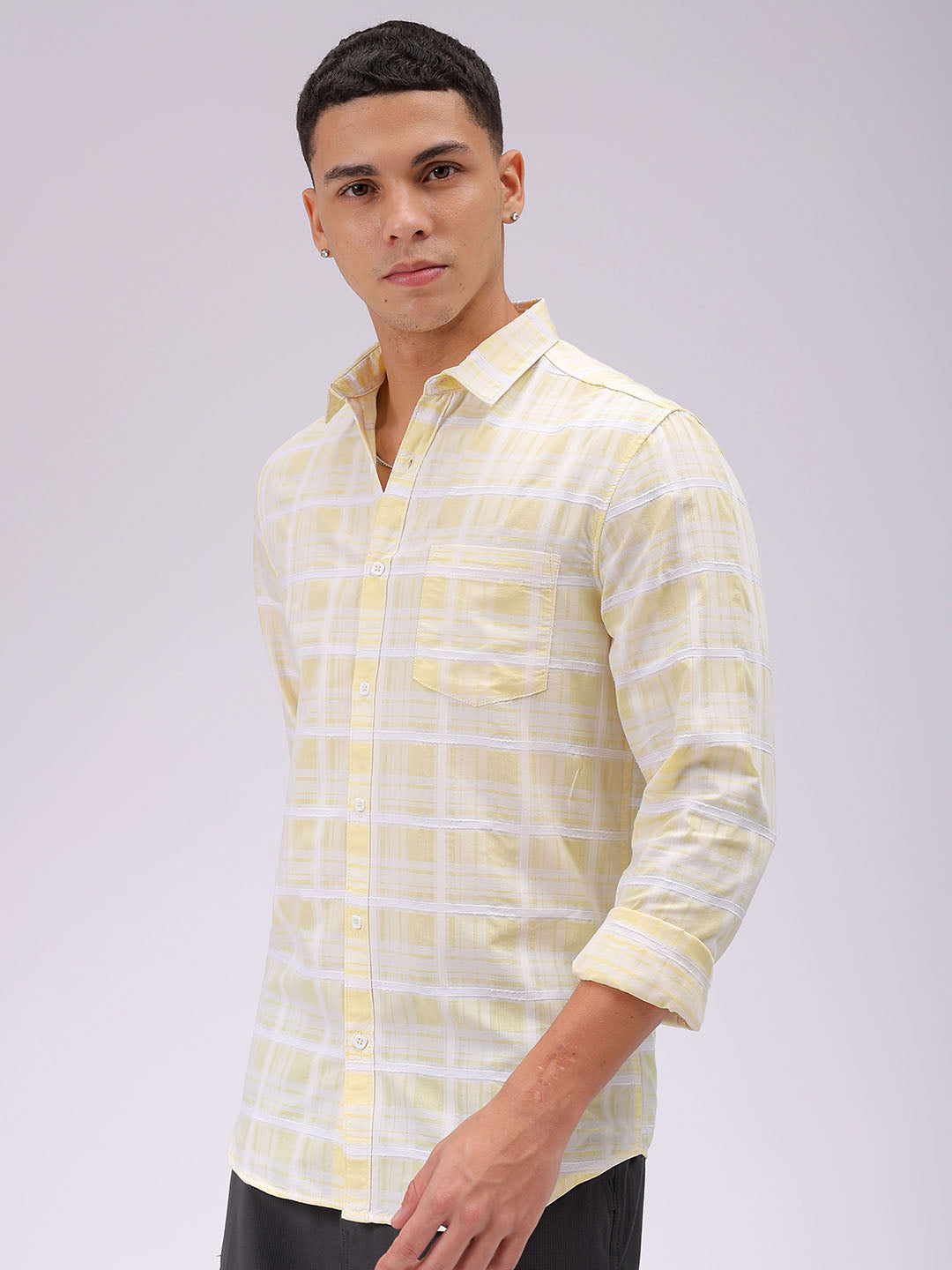 Men's Yellow Slim Fit Checked Casual Shirt