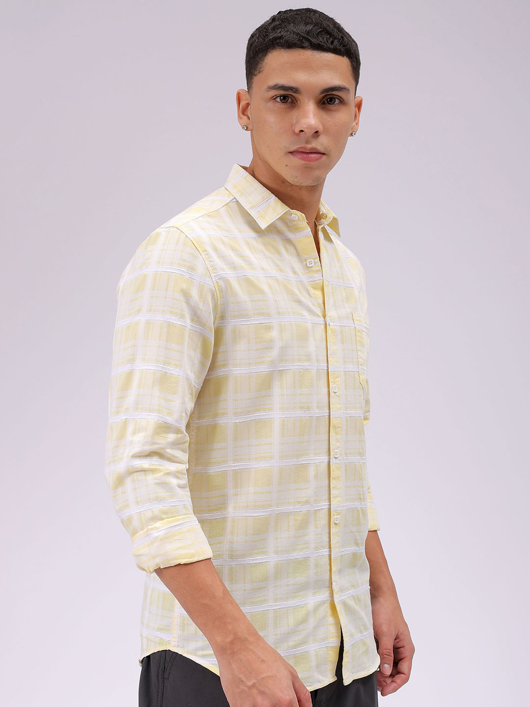 Men's Yellow Slim Fit Checked Casual Shirt