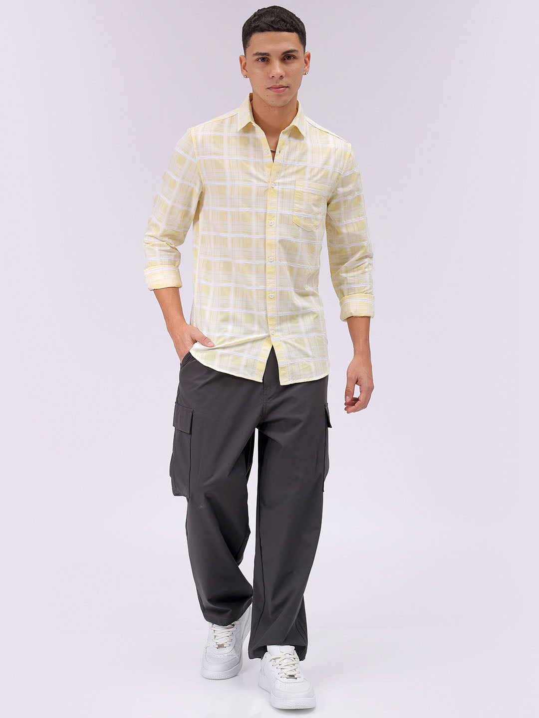 Men's Yellow Slim Fit Checked Casual Shirt