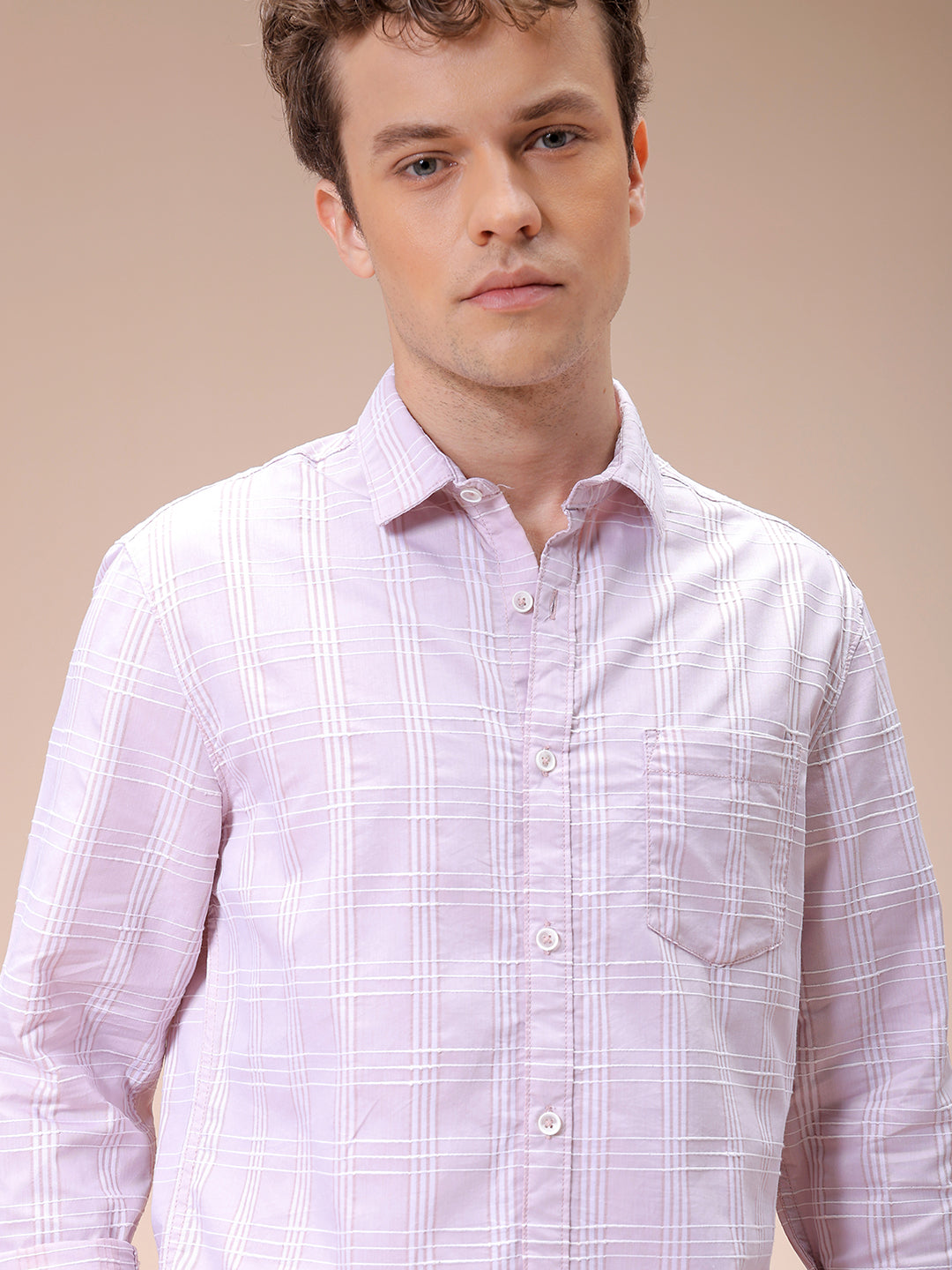 Men's Pink Slim Fit Checked Casual Shirt