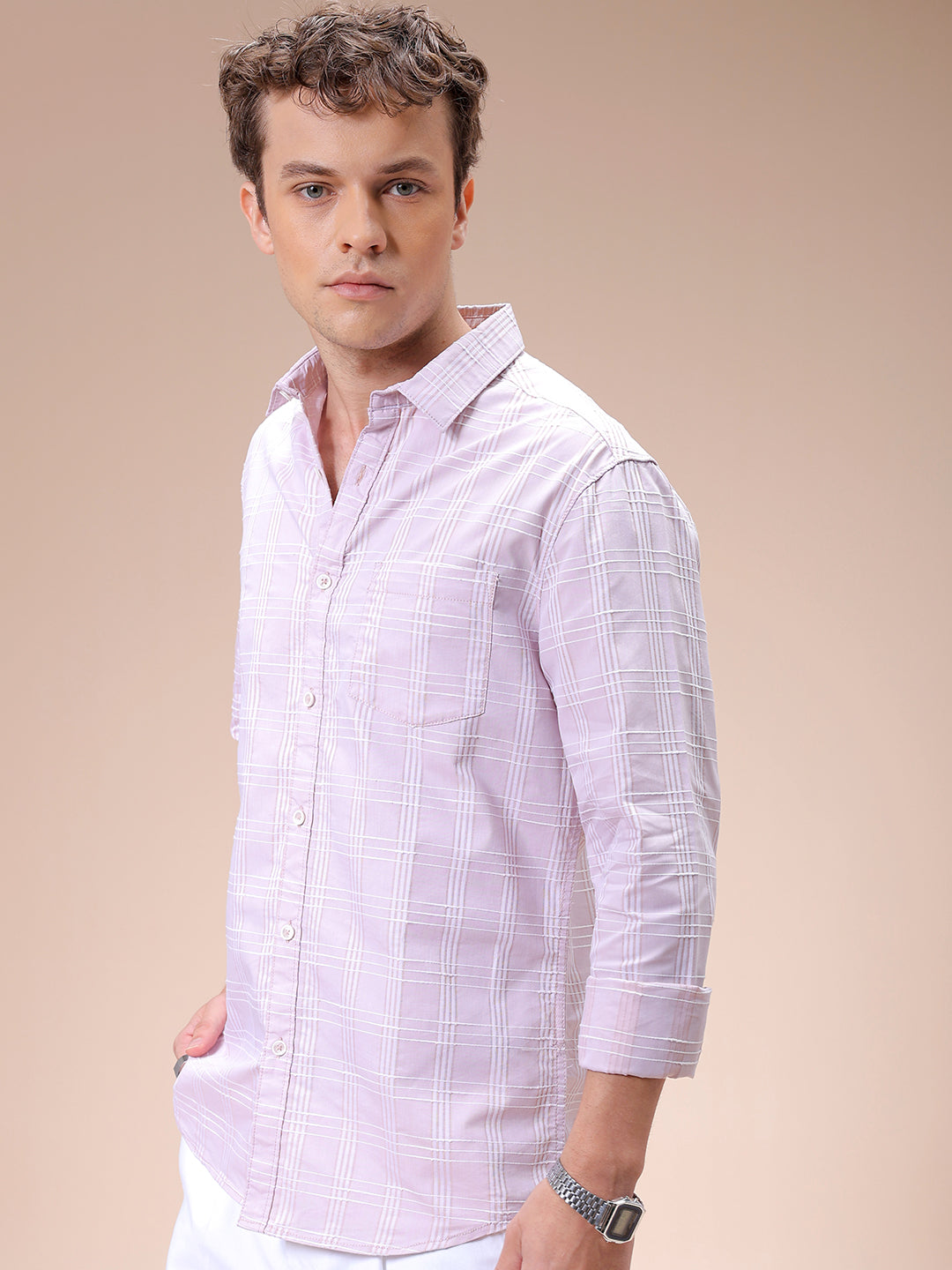 Men's Pink Slim Fit Checked Casual Shirt