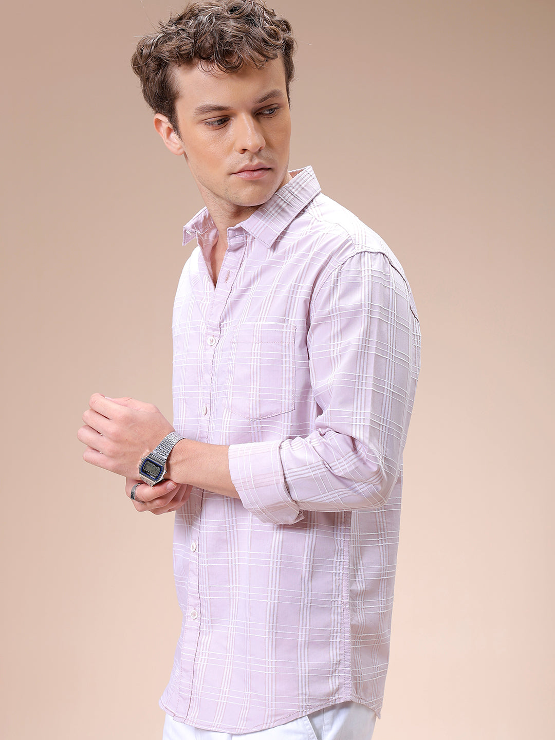 Men's Pink Slim Fit Checked Casual Shirt