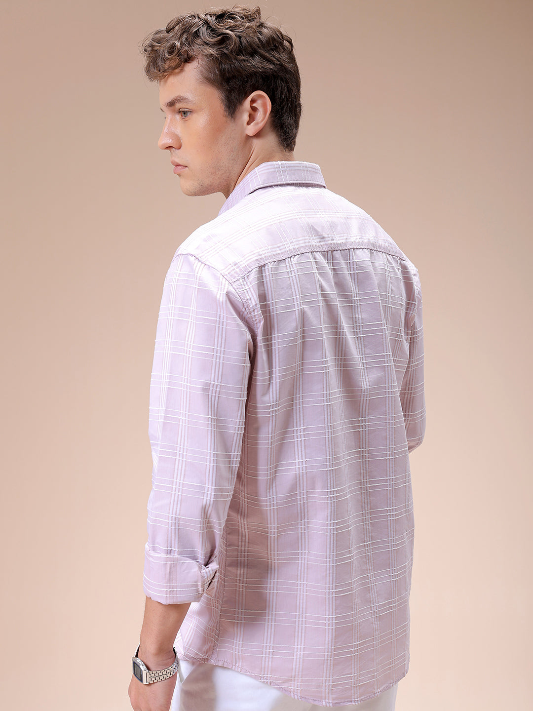 Men's Pink Slim Fit Checked Casual Shirt