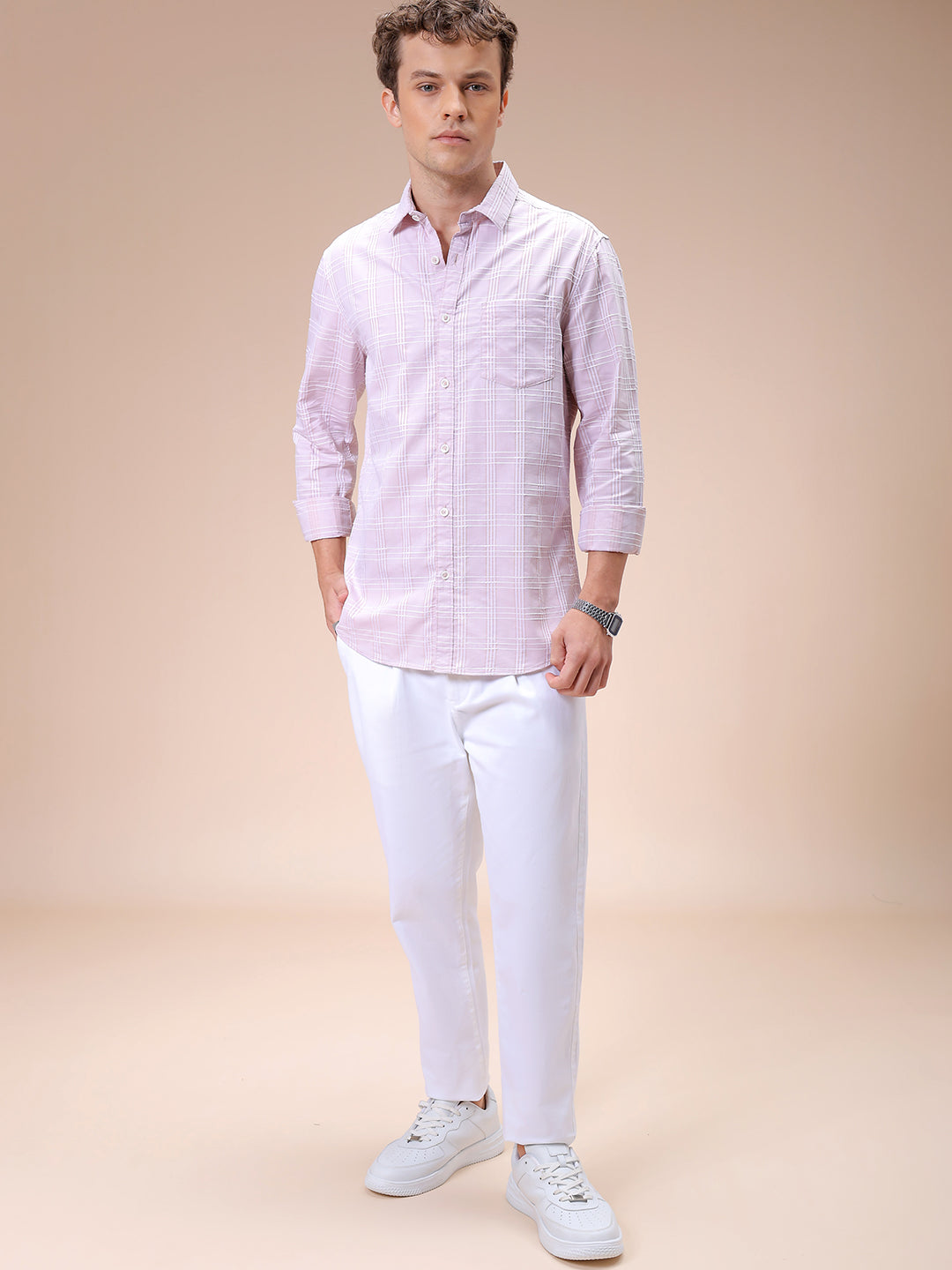 Men's Pink Slim Fit Checked Casual Shirt