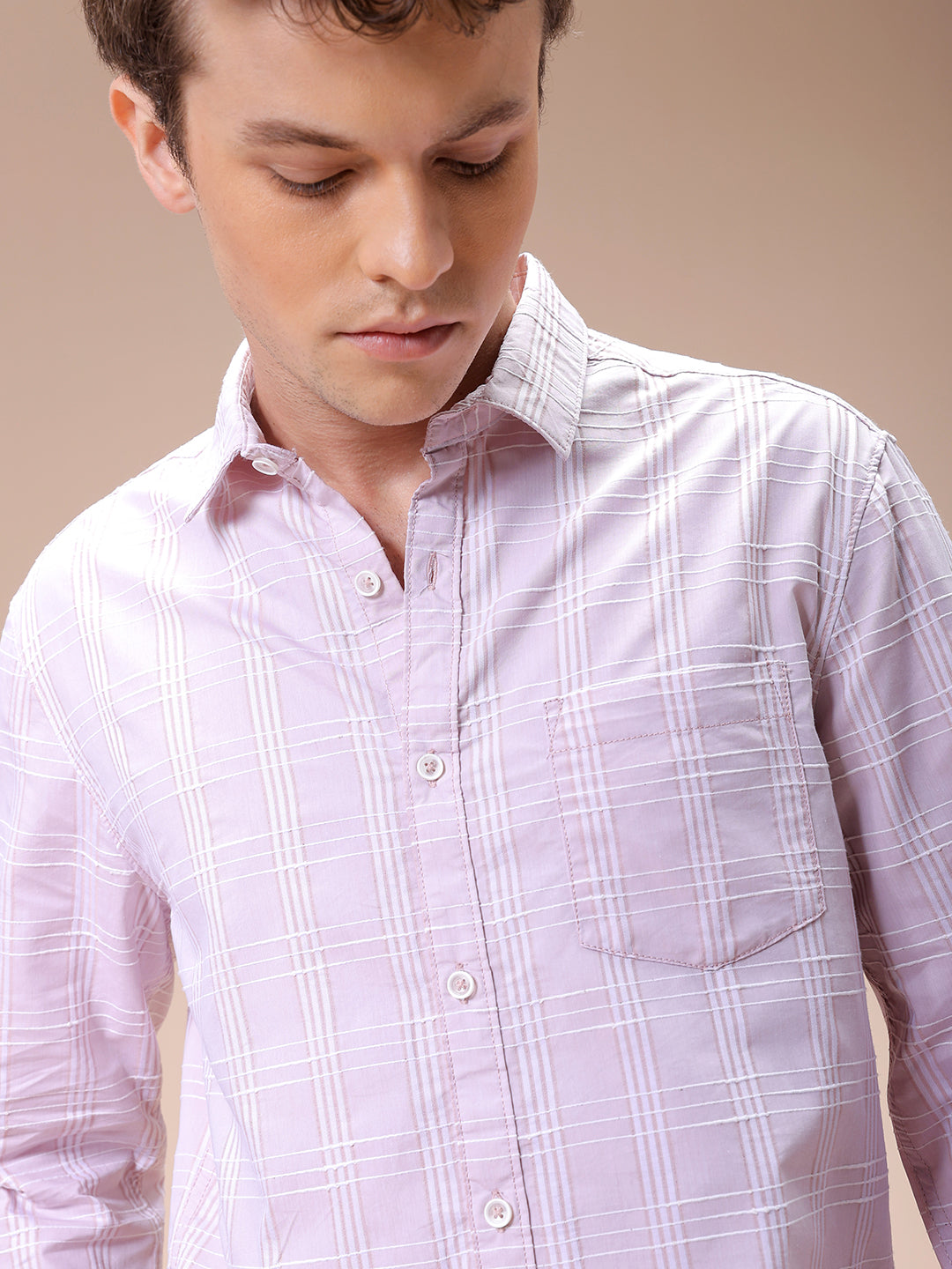 Men's Pink Slim Fit Checked Casual Shirt