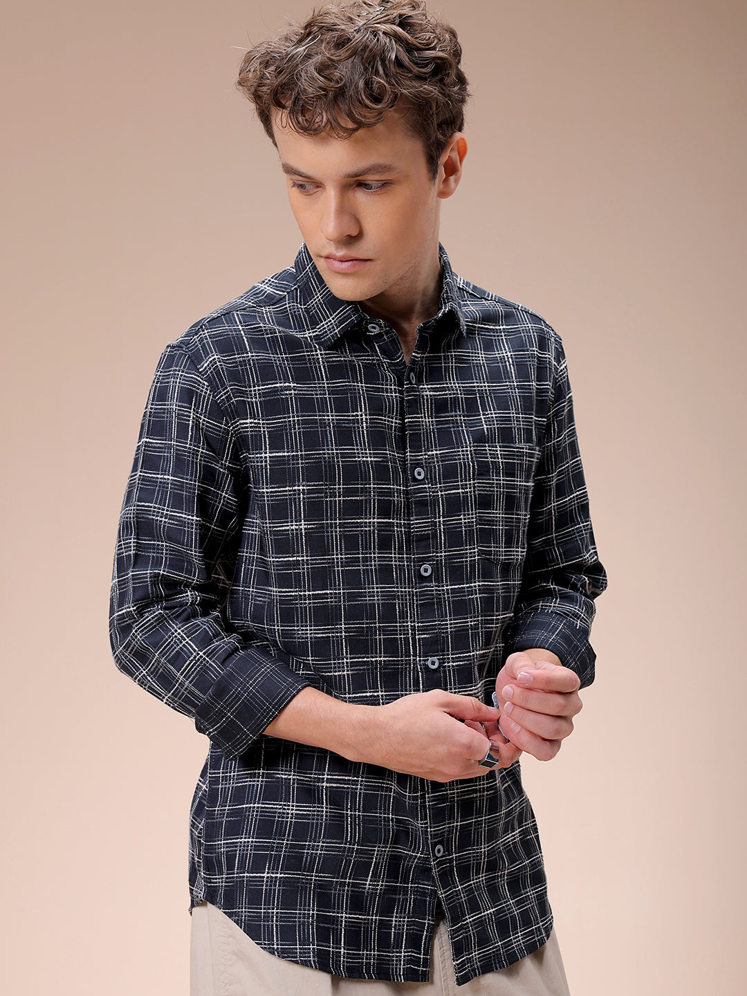 Men's Black Slim Fit Checked Casual Shirt