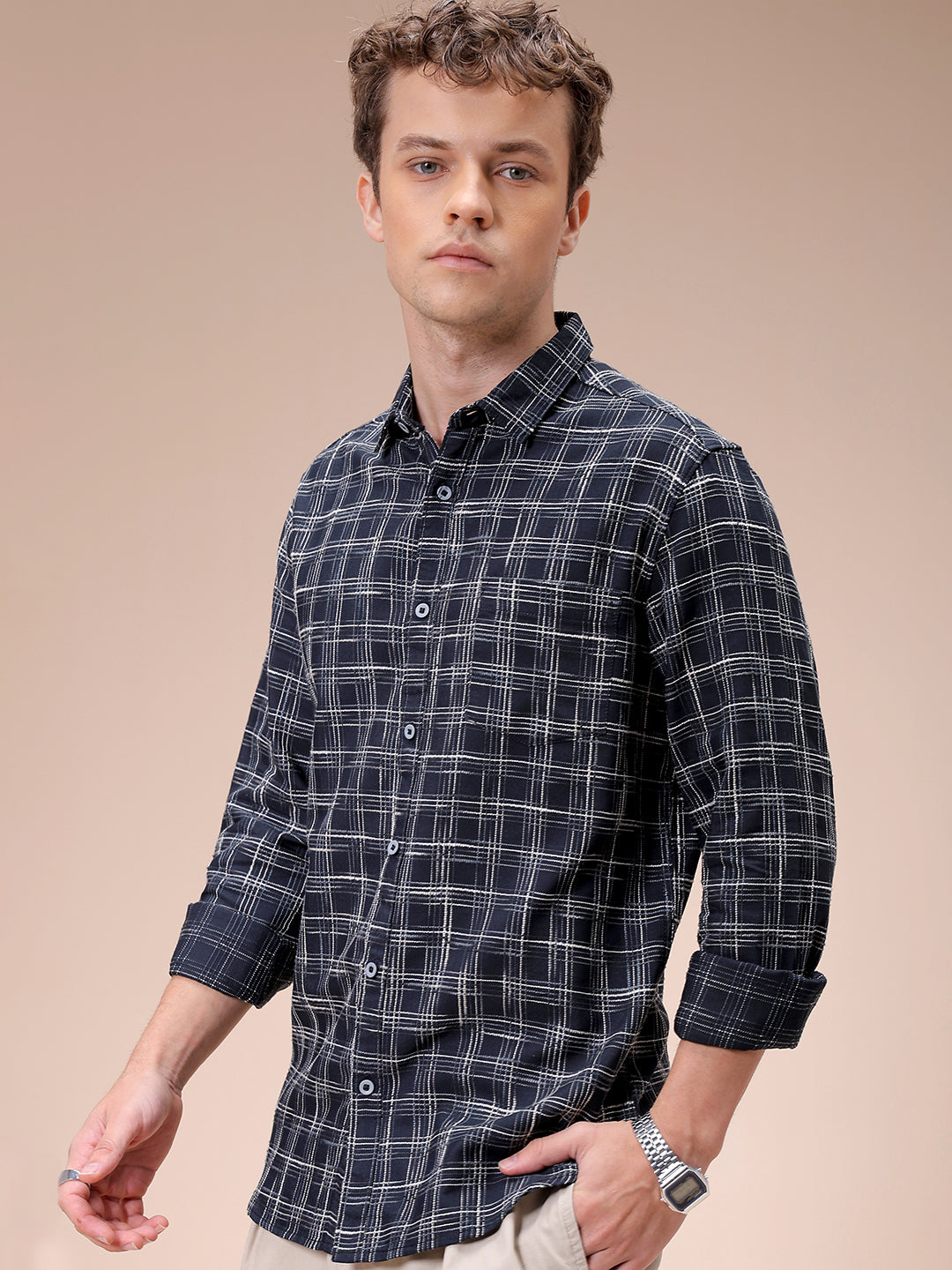 Men's Black Slim Fit Checked Casual Shirt